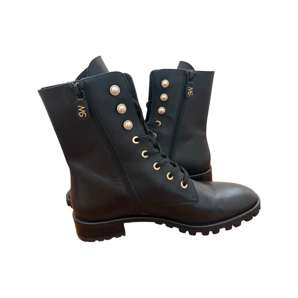 Stuart Weitzman Laine Pearl Leather Combat Boot In Black Size 8 - Picture 9 of 13